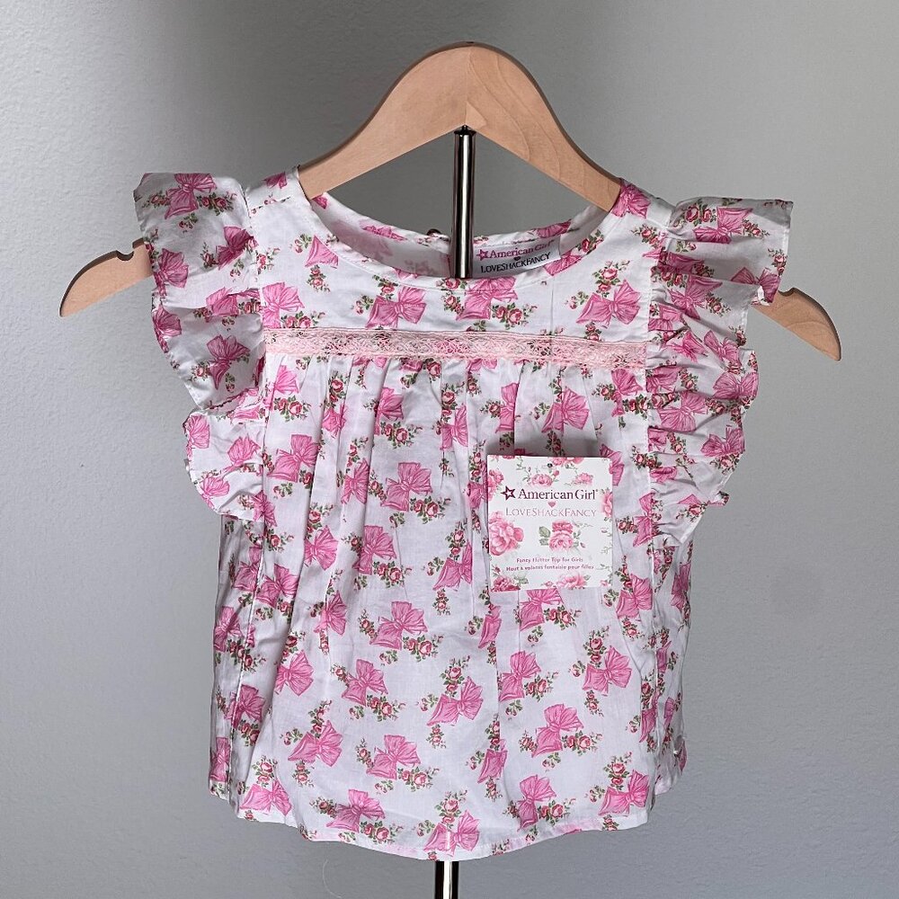 American Girl LoveshackFancy Pink Bow & Floral Flutter Sleeve Top - NWT